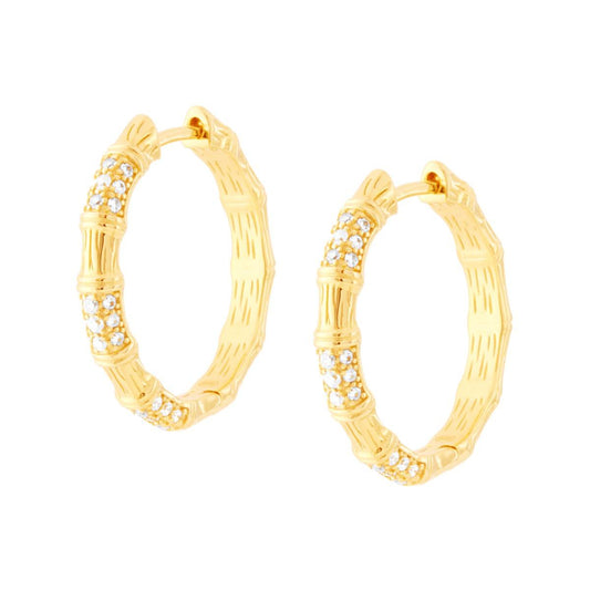 Orecchini Cerchio Ramo Bamboo con Zirconi Bianchi in ARGENTO 925 Galvanica Oro