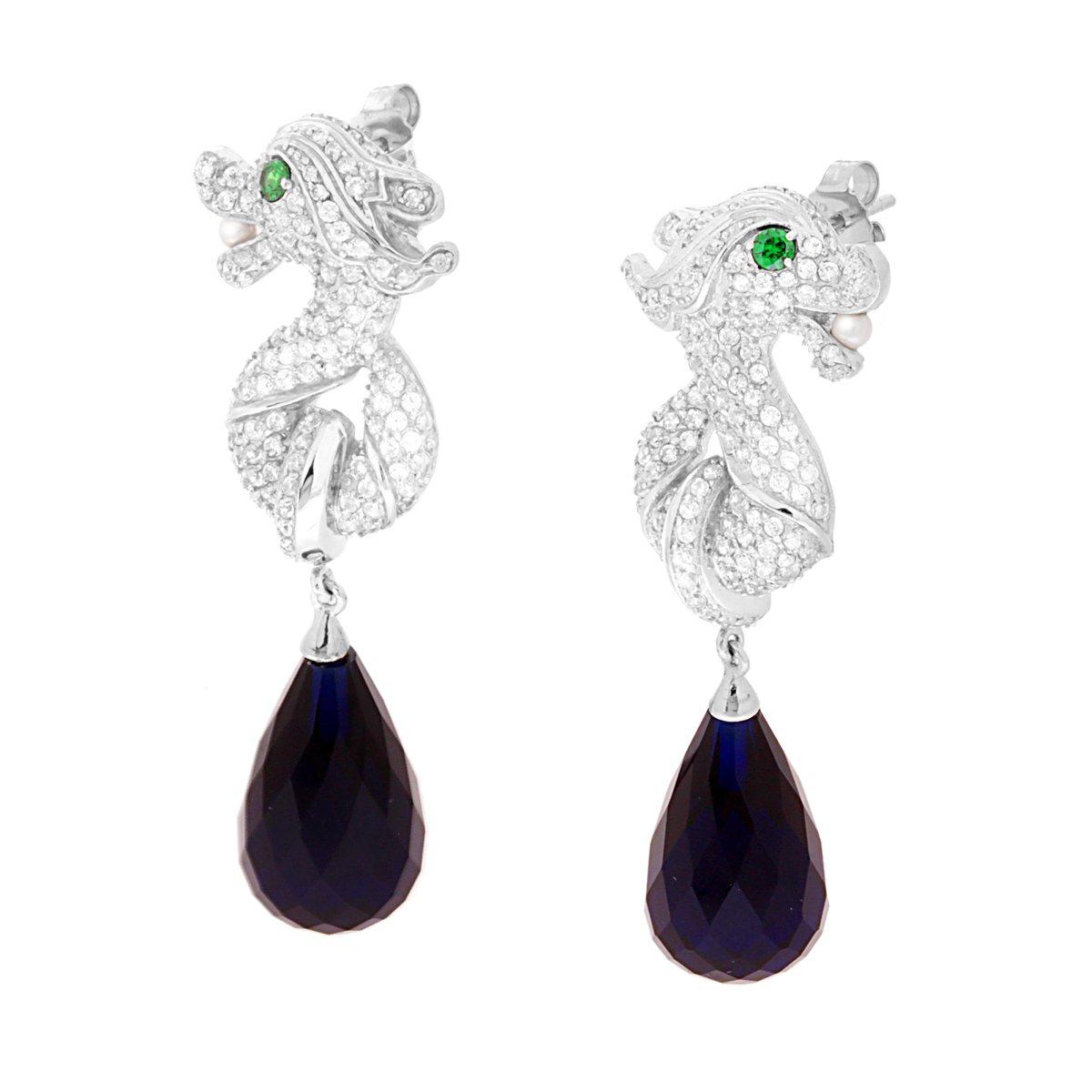 Orecchini Drago con Zirconi Bianchi e Pendente Goccia Crystal Blu in ARGENTO 925 Galvanica Rodio