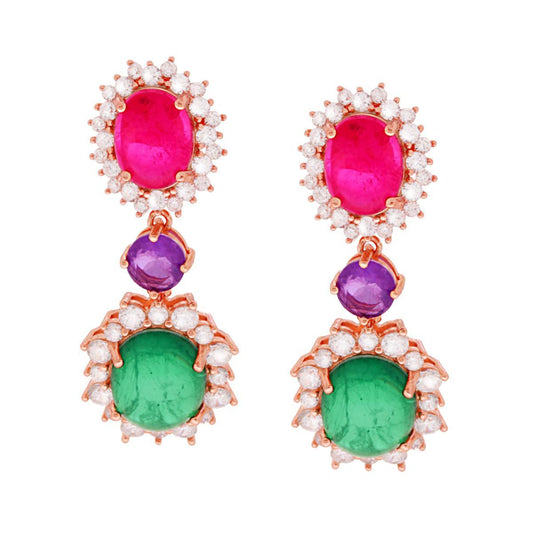 Orecchini Pendenti con Pietre Naturali Ovali Multicolor e Zirconi Bianchi in ARGENTO 925 Galvanica Rosa
