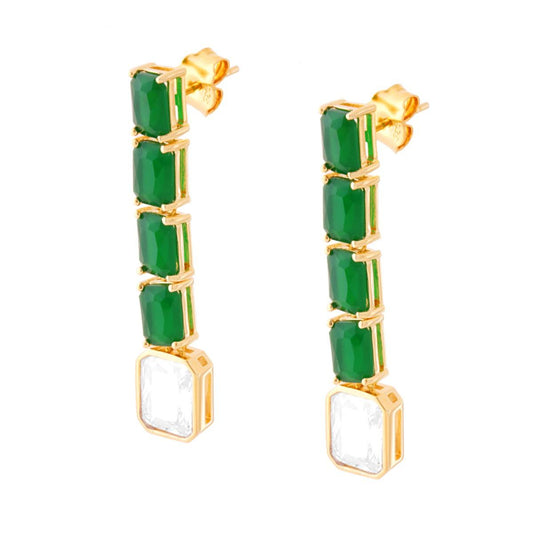 Orecchini Pendenti con Pietre Naturali Verde Smeraldo e Zircone Bianco in ARGENTO 925 Galvanica Oro