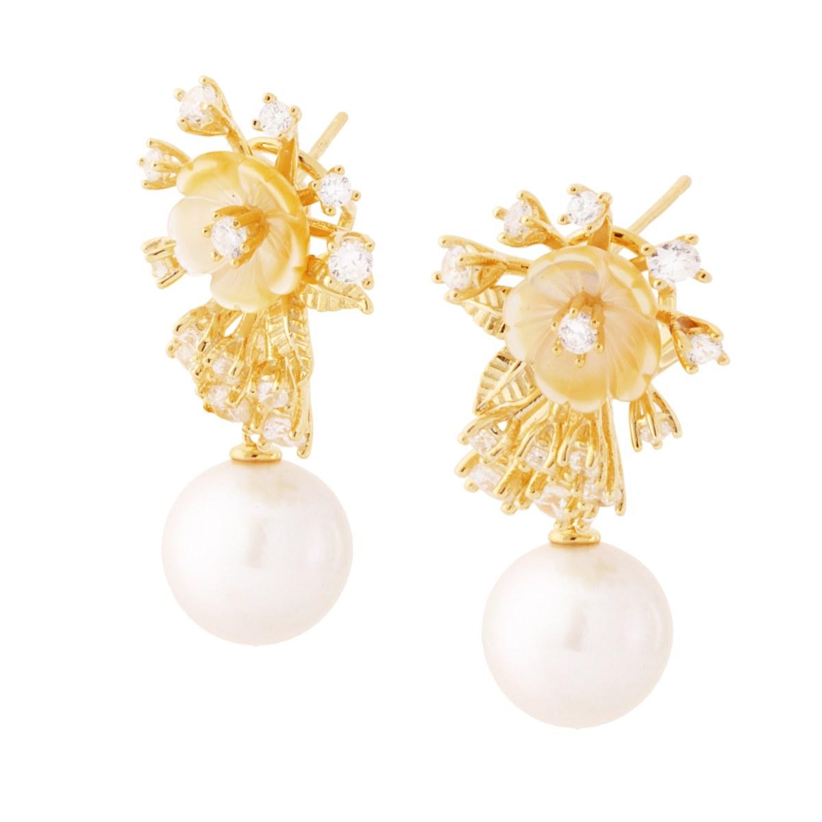 Orecchini Fiori con Zirconi Bianchi e Perla Coltivata pendente in ARGENTO 925 Galvanica Oro