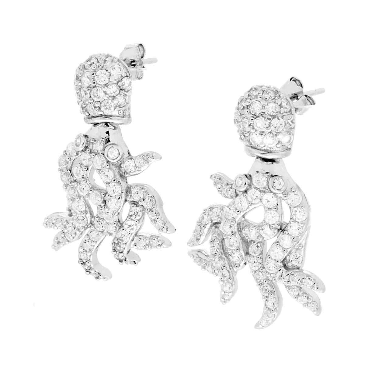 Orecchini Polpo con Zirconi Bianchi in ARGENTO 925 Galvanica Rodio