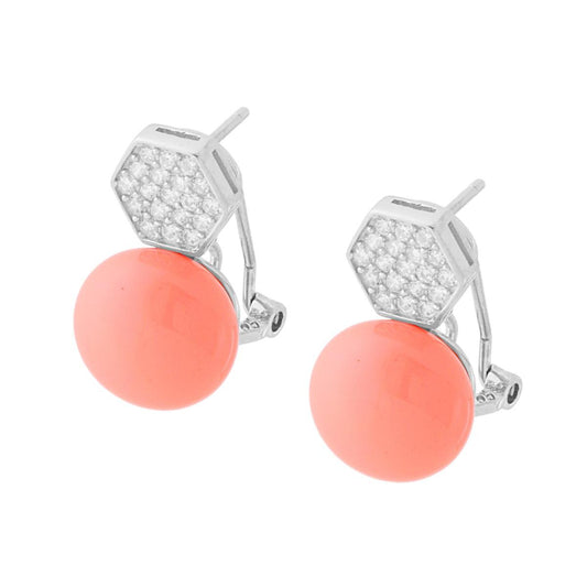 Orecchini con Pietra Corallo Rosa Tonda ed Esagono con Zirconi Bianchi in ARGENTO 925 Galvanica Rodio