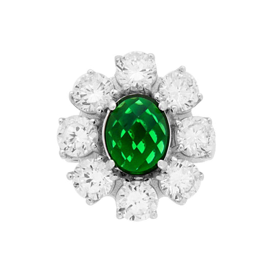 Anello Halo Solitario Fiore con Zircone Ovale Verde Smeraldo e Zirconi Bianchi in ARGENTO 925 Galvanica Rodio