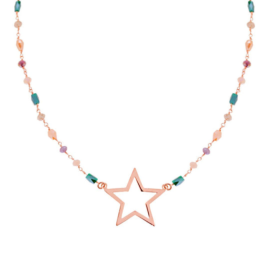 Collana con Grani Crystal Multicolor e Stella in ARGENTO 925 Galvanica Rosa