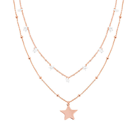 Collana due fili Catena Forzatina Diamantata con Stelle Crystal Bianco e Plain pendenti in ARGENTO 925 Galvanica Rosa