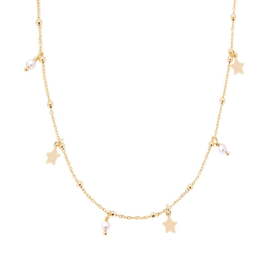 Collana Catena Forzatina Diamantata con Stelle e Perle pendenti in ARGENTO 925 Galvanica Oro