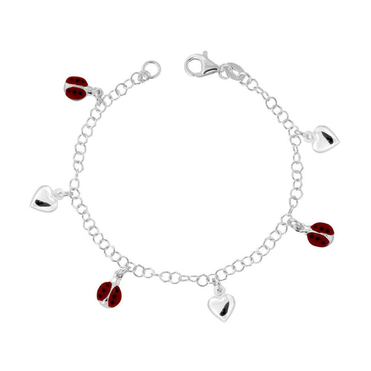 Bracciale Catena Rolo con Coccinelle smaltate Rosse e Cuori pendenti in ARGENTO 925