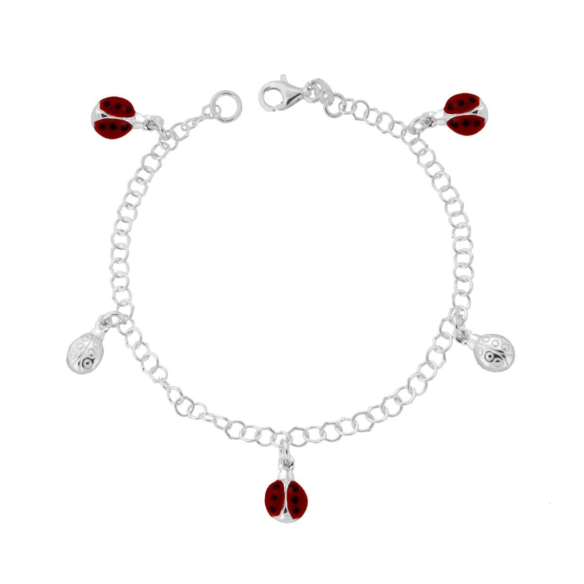 Bracciale Catena Rolo con Coccinelle pendenti e smalto Rosso in ARGENTO 925