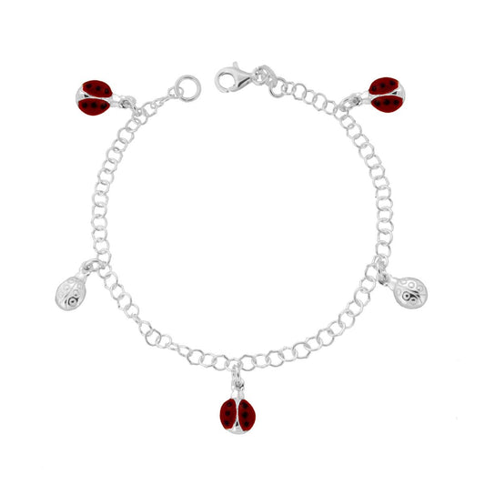 Bracciale Catena Rolo con Coccinelle pendenti e smalto Rosso in ARGENTO 925