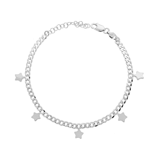 Bracciale Catena Grumetta con Stelle plain pendenti in ARGENTO 925 Galvanica Rodio