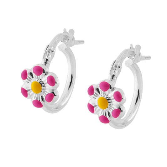 Orecchini Bimba Boccoli Cerchio con Fiore Smalto Rosa e Giallo in ARGENTO 925