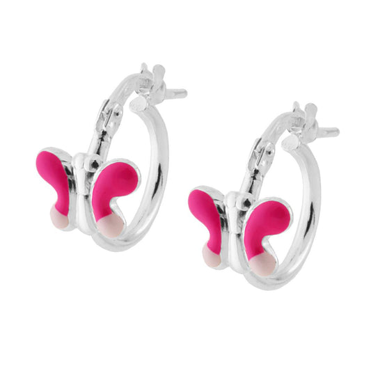 Orecchini Bimba Boccoli Cerchio con Farfalla Smalto Rosa e Bianco in ARGENTO 925