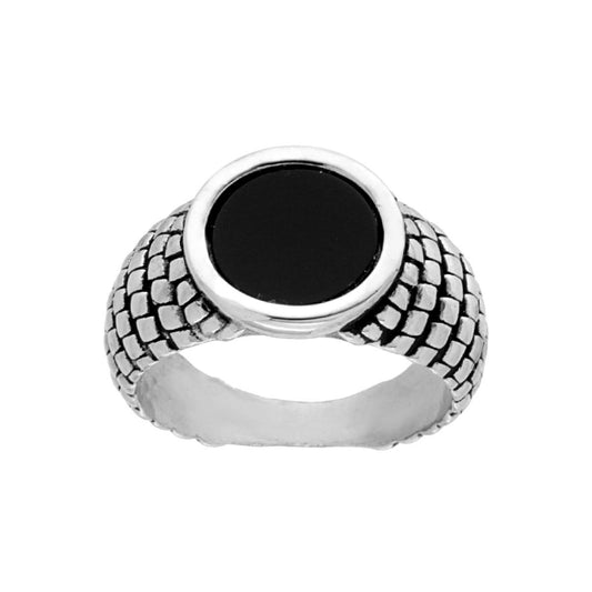 Anello Chevalier Uomo Scudo Tondo con Pietra Onice Nero in ARGENTO 925 Galvanica Rodio Brunito