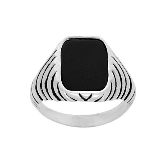Anello Chevalier Uomo Scudo Rettangolare con Pietra Onice Nero in ARGENTO 925 Galvanica Rodio Brunito