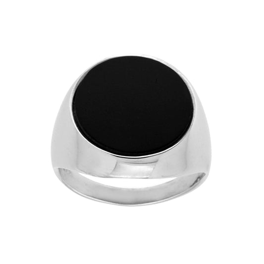 Anello Chevalier Uomo Scudo Tondo con Pietra Onice Nero in ARGENTO 925 Galvanica Rodio