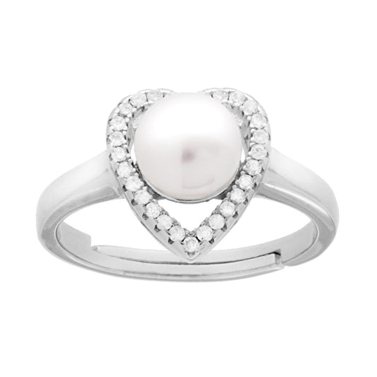 Anello Cuore con Perla di fiume e Zirconi Bianchi in ARGENTO 925 Galvanica Rodio