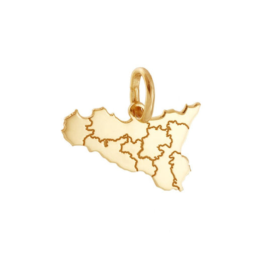Ciondolo con sagoma plain a forma di Sicilia mm 13x20 con incisione province in ARGENTO 925 Galvanica Oro
