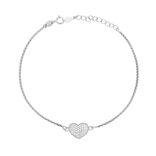 Bracciale Catena Coreana con Cuore e Zirconi Bianchi in ARGENTO 925 Galvanica Rodio