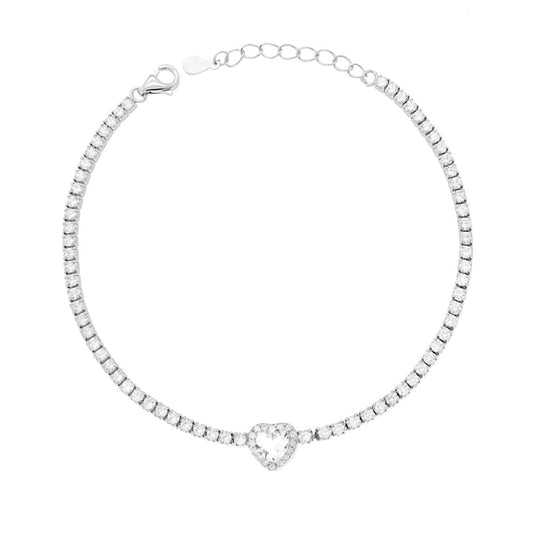 Bracciale Tennis Griffe cm 17+3 con Zirconi mm 2 Bianchi con Zircone Cuore centrale Bianco contornato da Zirconi Bianchi in ARGENTO 925 Galvanica Rodio