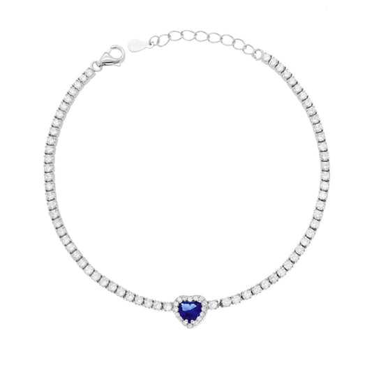 Bracciale Tennis Griffe cm 17+3 con Zirconi mm 2 Cuore centrale Blu Zaffiro contornato da Zirconi Bianchi in ARGENTO 925 Galvanica Rodio