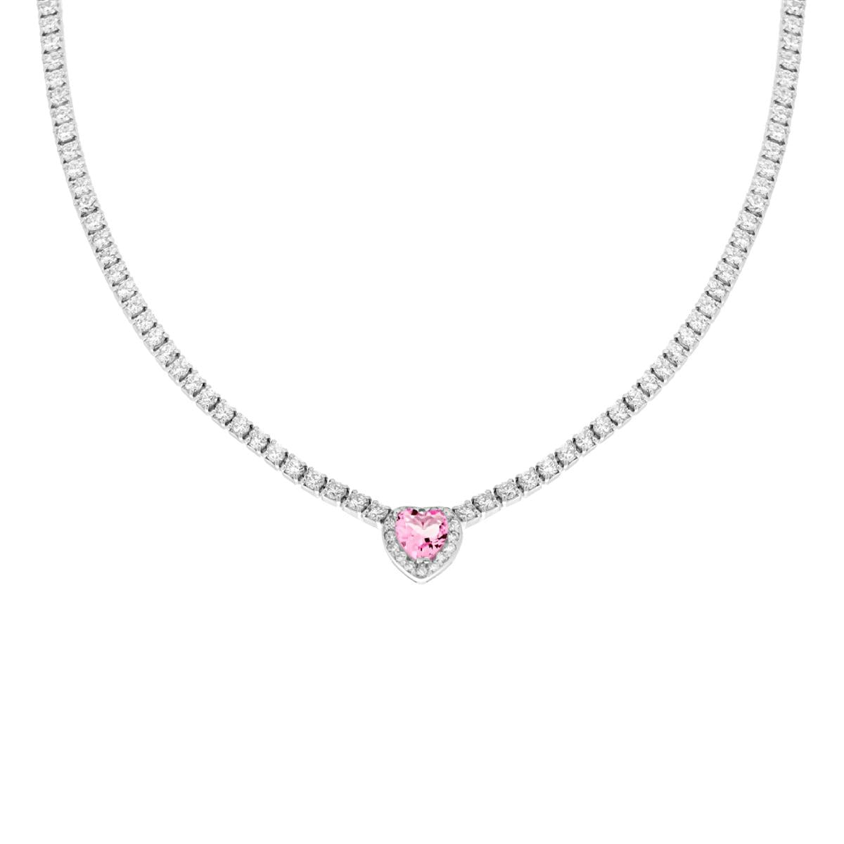 Collana Tennis Griffe cm 40+5 con Zirconi Bianchi con Zircone Cuore centrale Rosa contornato da Zirconi Bianchi in ARGENTO 925 Galvanica Rodio