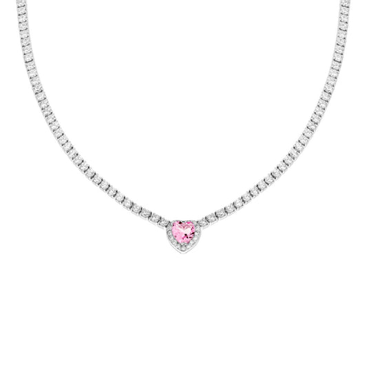 Collana Tennis Griffe cm 40+5 con Zirconi Bianchi con Zircone Cuore centrale Rosa contornato da Zirconi Bianchi in ARGENTO 925 Galvanica Rodio