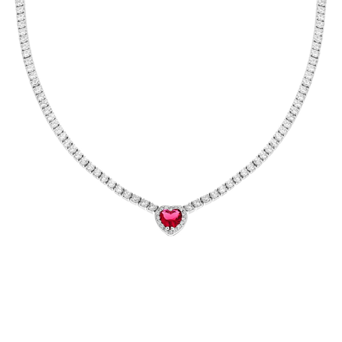 Collana Tennis Griffe cm 40+5 con Zirconi Bianchi con Zircone Cuore centrale Rosso Rubino contornato da Zirconi Bianchi in ARGENTO 925 Galvanica Rodio