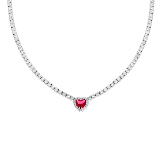 Collana Tennis Griffe cm 40+5 con Zirconi Bianchi con Zircone Cuore centrale Rosso Rubino contornato da Zirconi Bianchi in ARGENTO 925 Galvanica Rodio