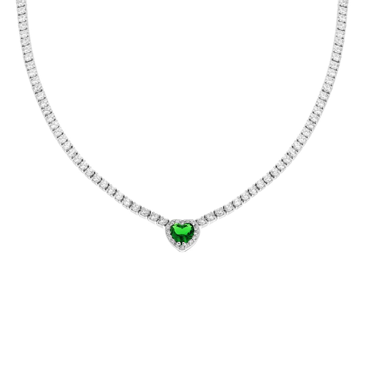 Collana Tennis Griffe cm 40+5 con Zirconi Bianchi con Zircone Cuore centrale Verde Smeraldo contornato da Zirconi Bianchi in ARGENTO 925 Galvanica Rodio
