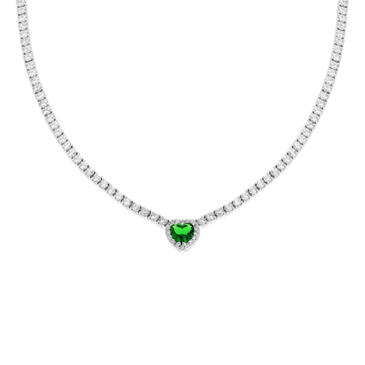 Collana Tennis Griffe cm 40+5 con Zirconi Bianchi con Zircone Cuore centrale Verde Smeraldo contornato da Zirconi Bianchi in ARGENTO 925 Galvanica Rodio
