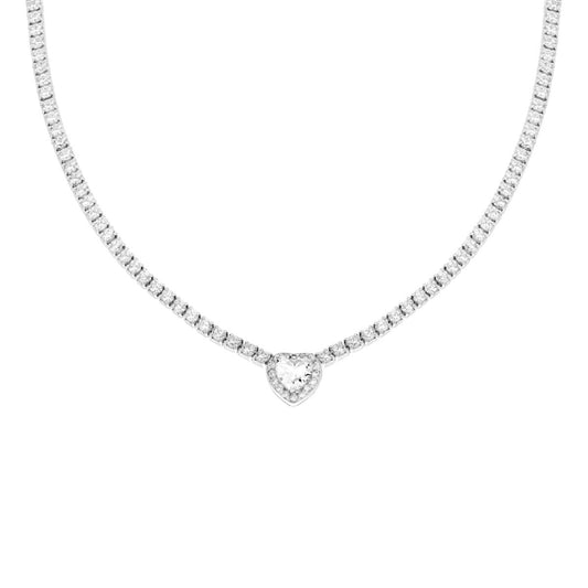 Collana Tennis con Cubic Zirconia Bianchi con Cubic Zirconia Cuore centrale Bianco contornato da Cubic Zirconia Bianchi in ARGENTO 925 Galvanica Rodio