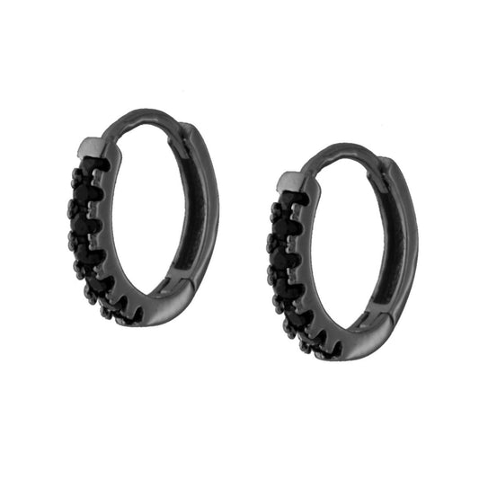 Orecchini Cerchio a Scattino mm 13 con Zirconi Neri in ARGENTO 925 Galvanica Rutenio
