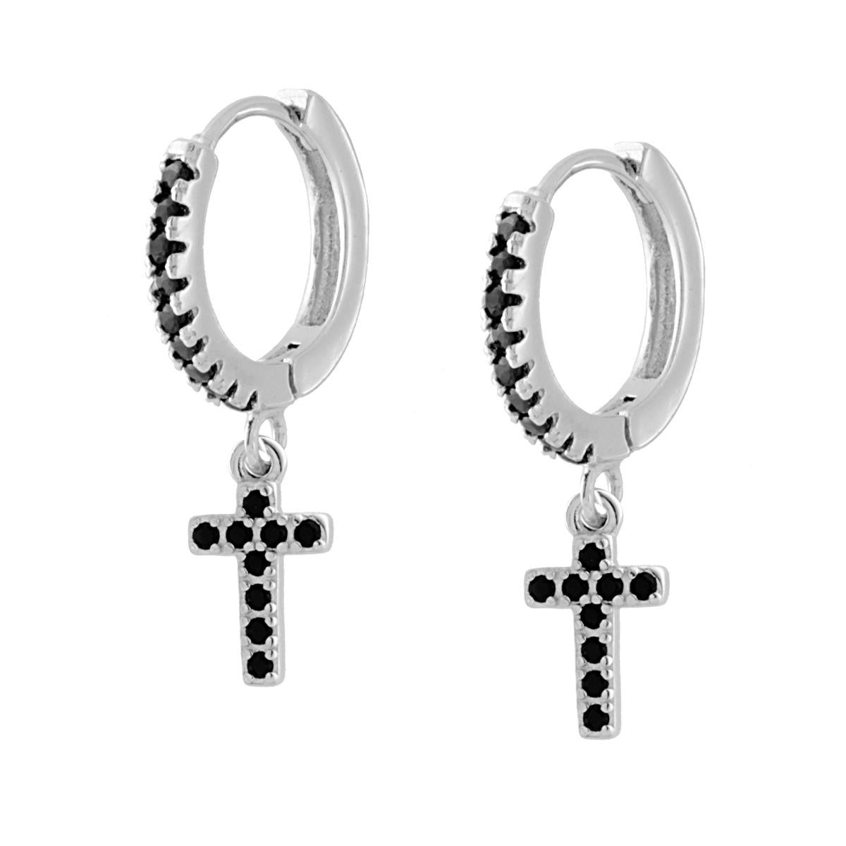 Orecchini Cerchio a Scattino con Zirconi Neri e Croce pendente Zirconi Neri in ARGENTO 925 Galvanica Rodio