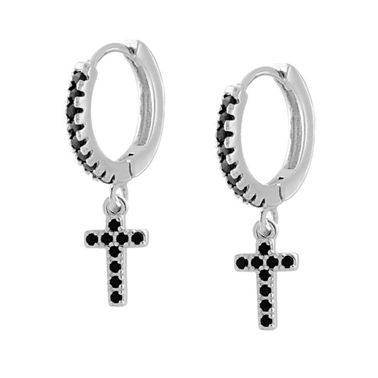 Orecchini Cerchio a Scattino con Zirconi Neri e Croce pendente Zirconi Neri in ARGENTO 925 Galvanica Rodio