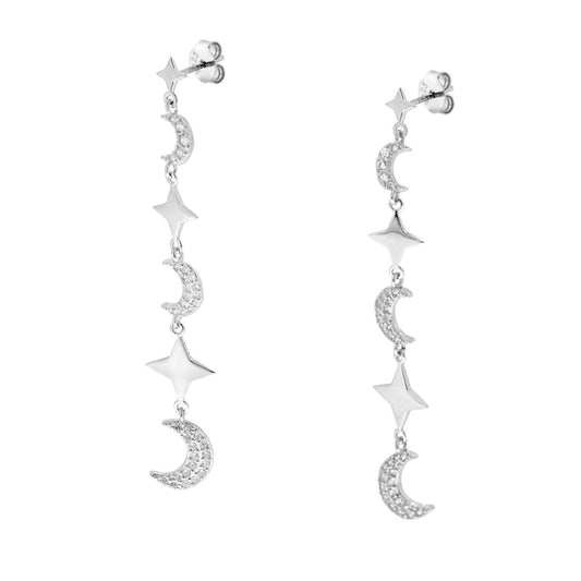 Orecchini Lunghi pendenti con Stelle Plain e Lune con Zirconi Bianchi in ARGENTO 925 Galvanica Rodio