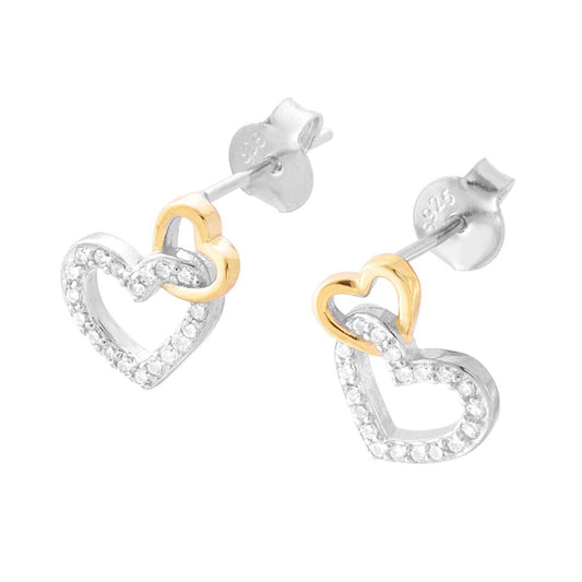 Orecchini Cuori con Zirconi Bianchi in ARGENTO 925 Galvanica Rodio e Oro
