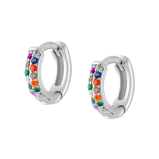 Orecchini Cerchio a Scattino mm 10 con Zirconi Multicolor Rainbow in ARGENTO 925 Galvanica Rodio