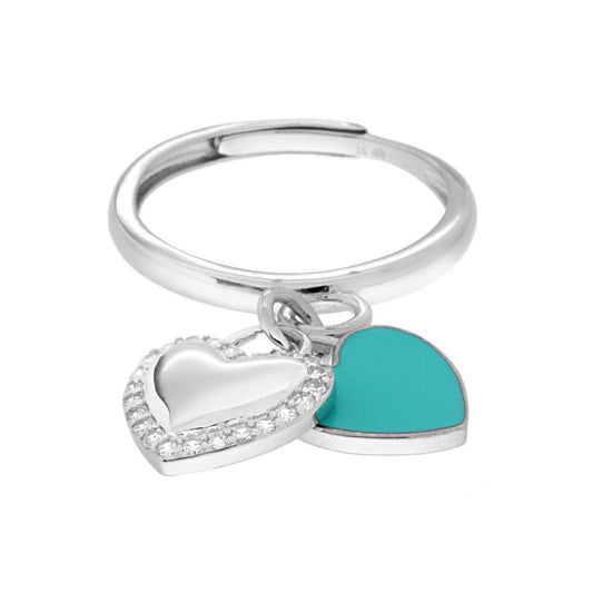 Anello Cuori pendenti Smalto Verde Acqua e Plain con Zirconi Bianchi in ARGENTO 925 Galvanica Rodio