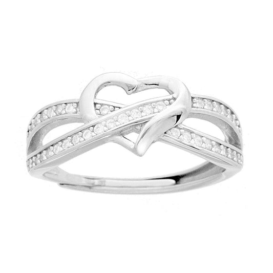 Anello Cuore fascia intreccio Amore Infinito con Zirconi Bianchi in ARGENTO 925 Galvanica Rodio
