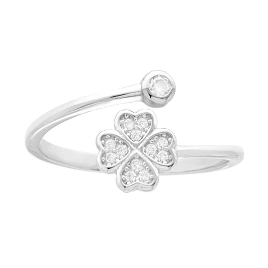 Anello Contrarie con Quadrifoglio e Punto Luce con Zirconi Bianchi in ARGENTO 925 Galvanica Rodio