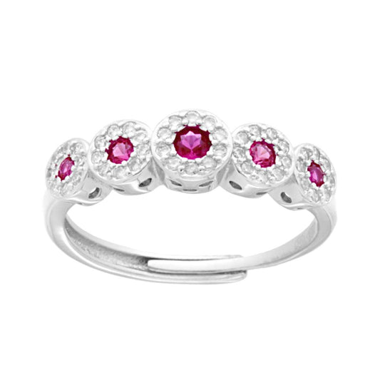 Anello Veretta Cubic Zirconia Rosso Rubino contornato con Cubic Zirconia Bianchi in ARGENTO 925 Galvanica Rodio