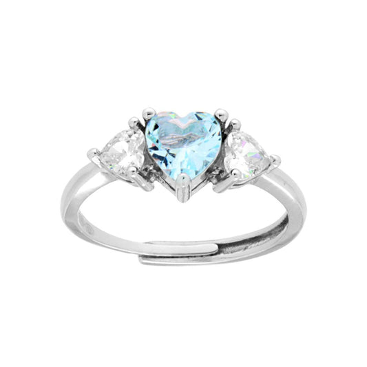 Anello Trilogy Cuore Cubic Zirconia Acquamarina con Cuori Bianchi in ARGENTO 925 Galvanica Rodio