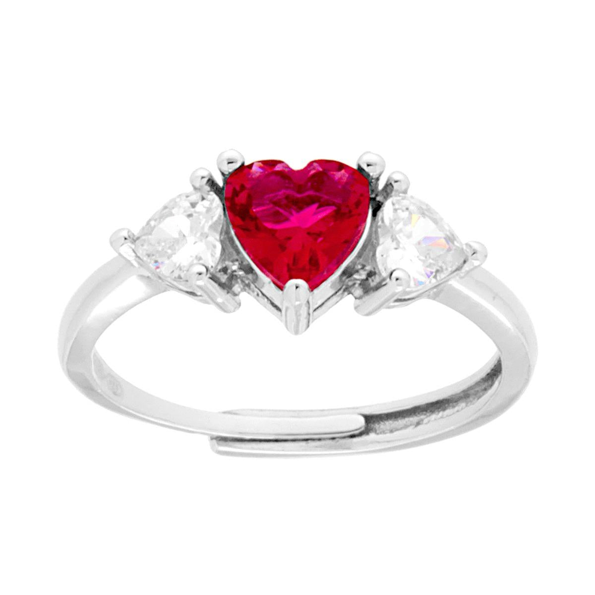 Anello Trilogy Cuore Cubic Zirconia Rosso Rubino con Cuori Bianchi in ARGENTO 925 Galvanica Rodio