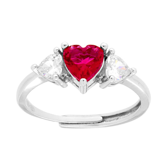 Anello Trilogy Cuore Cubic Zirconia Rosso Rubino con Cuori Bianchi in ARGENTO 925 Galvanica Rodio
