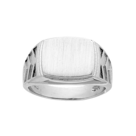 Anello Chevalier con Scudo Rettangolare Plain Satinato Decoro Geometrico in ARGENTO 925 Galvanica Rodio