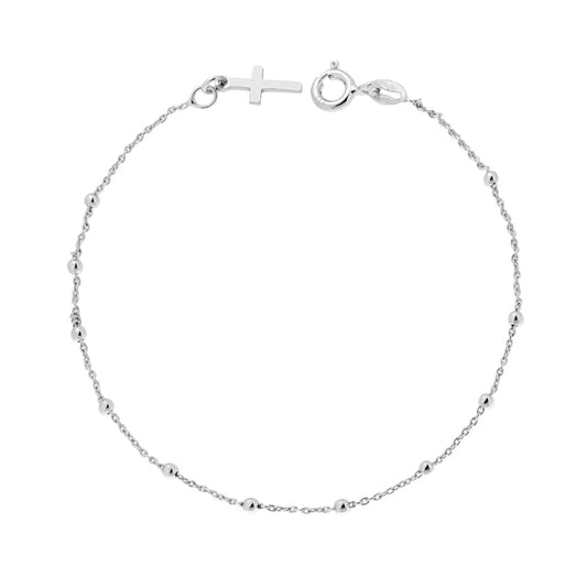 Bracciale Rosario Catena Forzatina con Grani Pallina Liscia mm 2 con Croce in ARGENTO 925 Galvanica Rodio<BR>