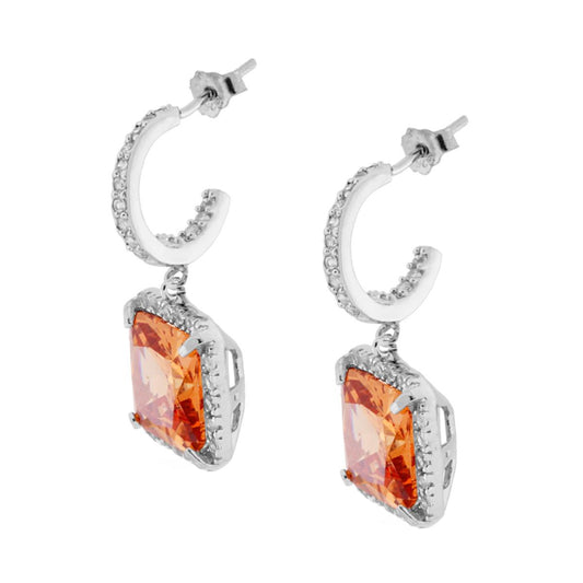 Orecchini Cerchio con Pendente Quadrato con Zirconi Bianchi e Arancione in ARGENTO 925 Galvanica Rodio