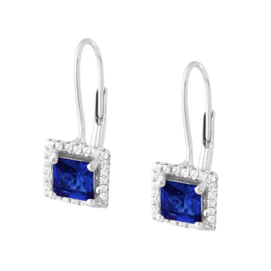 Orecchini Monachella con Zircone Quadrato Blu Zaffiro contornato da Zirconi Bianchi in ARGENTO 925 Galvanica Rodio