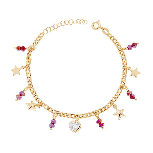 Bracciale Catena Grumetta con Crystal Rossi Cuore Zircone Bianco e Stelle plain in ARGENTO 925 Galvanica Oro